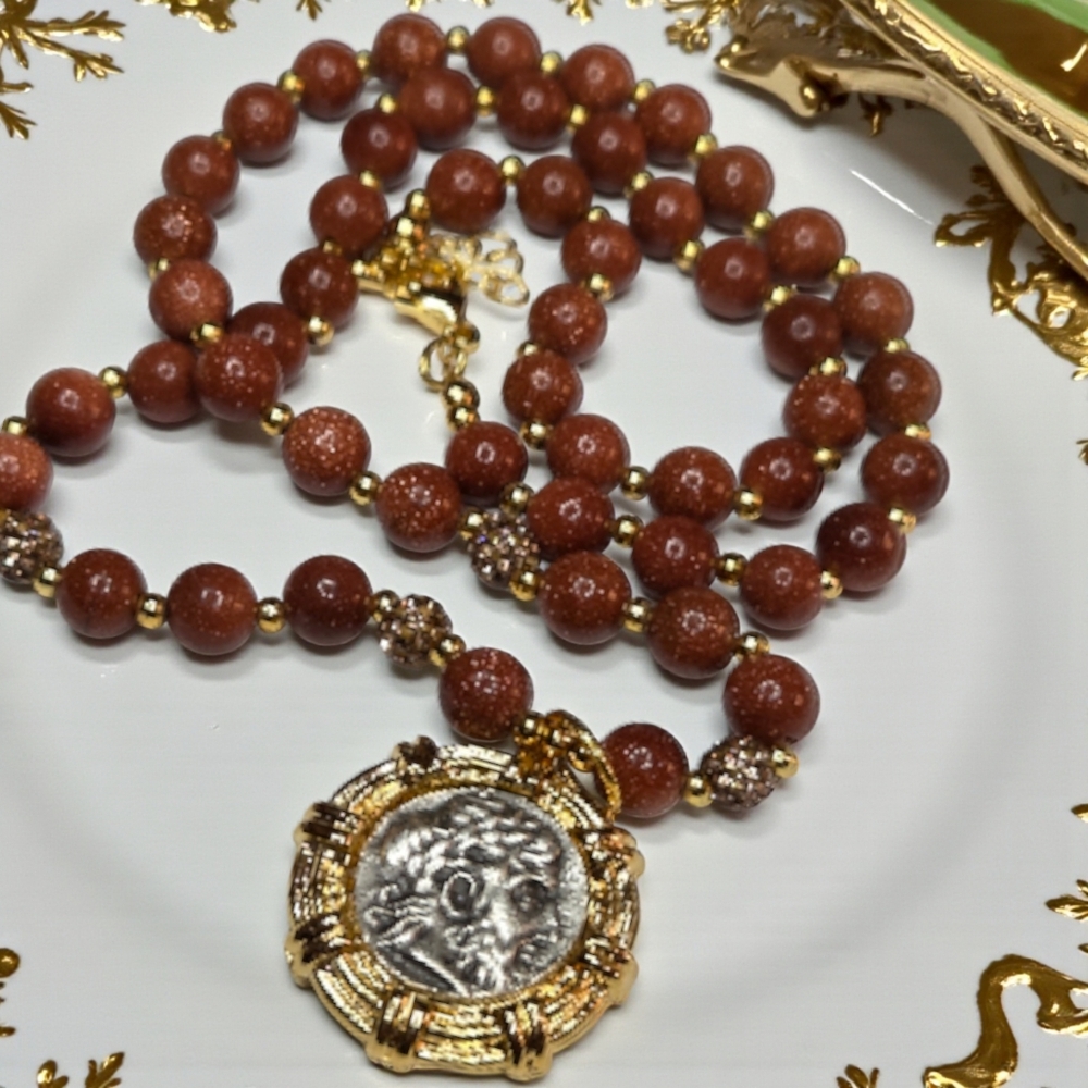 Etruscan Sandstone Beaded Ancient Coin Crystal Necklace - Picture 3 of 5
